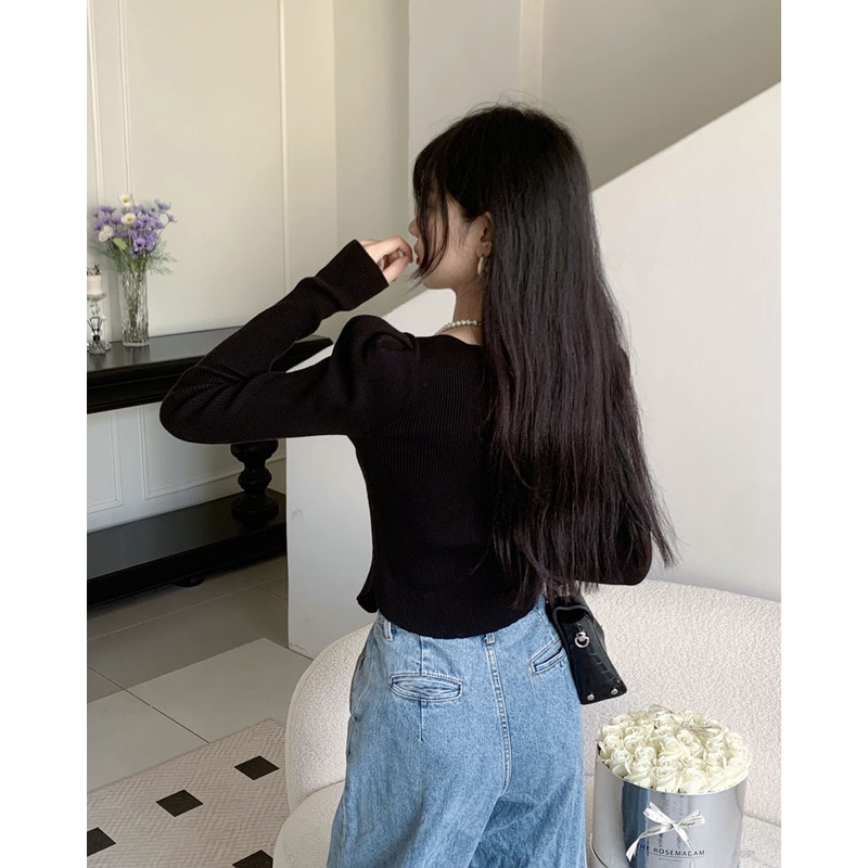 Áo sweater Mỏng Cổ Vuông Tay Phồng Thời Trang Hàn Quốc 2023 Cho Nữ