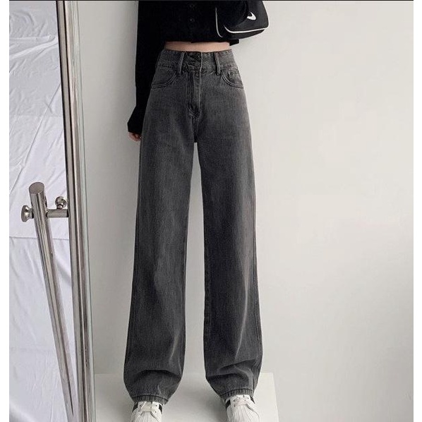 Quần baggy jean nữ lưng cao, thêu hình trái tim 2 bên ống, màu xanh jean JL32 JL JohnsonLi