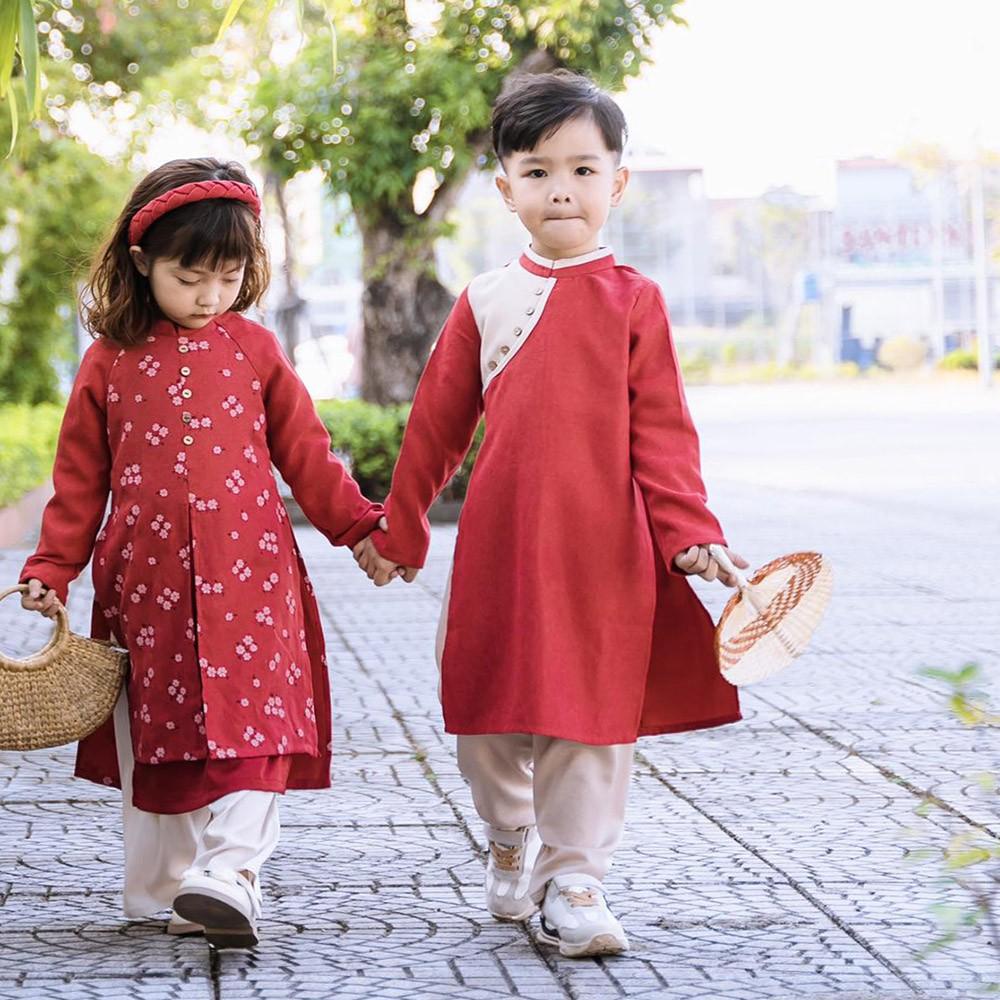 Áo dài bé trai nhung mịn phối nút kèm quần nhung baggy MamLa