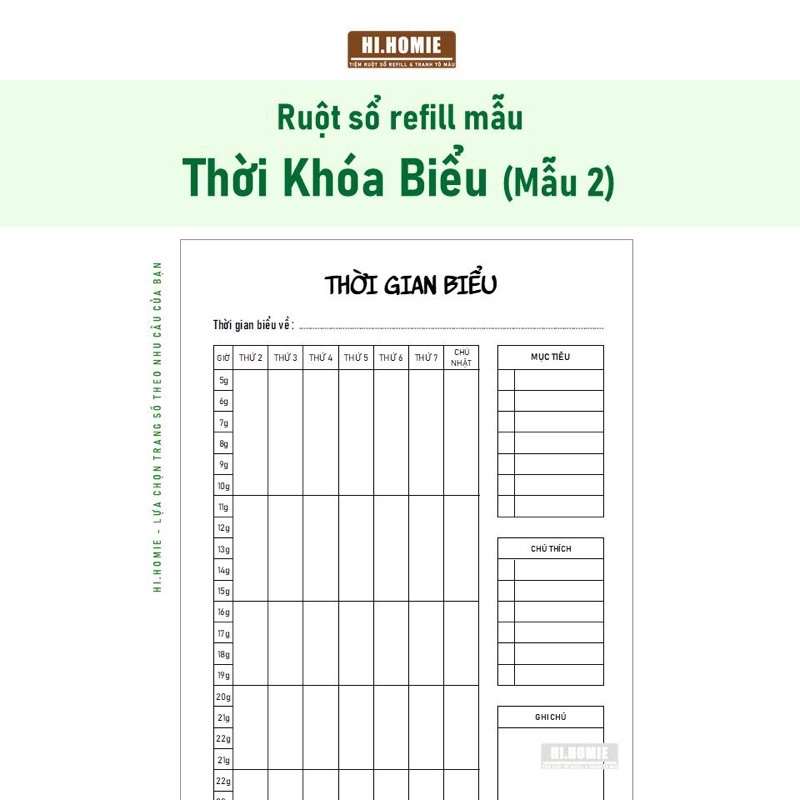 Thời khóa biểu tối giản - Mẫu 2 | Ruột sổ còng, giấy refill A5, A4, B5 - Hi Homie