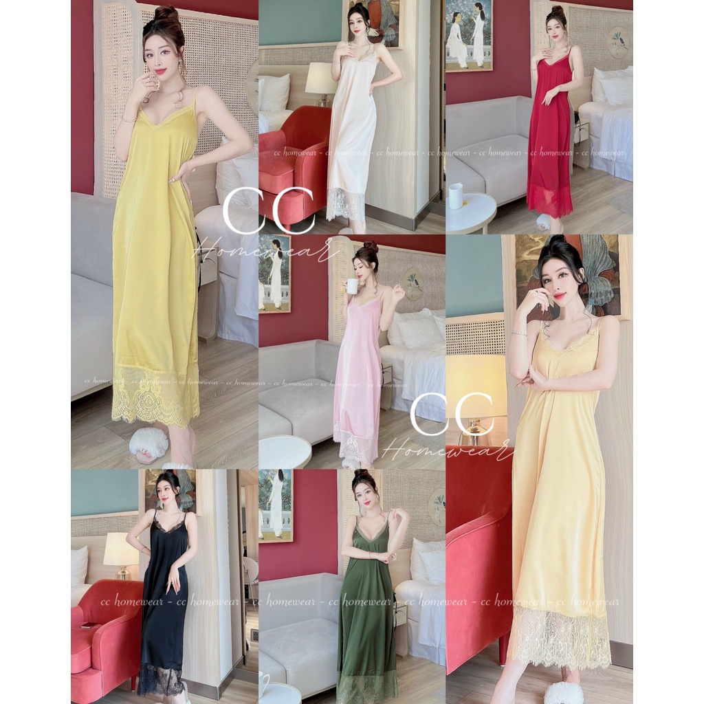 Đầm dây dáng dài C10 hàng hiệu CC HOMEWEAR lụa 2 dây maxi phối ren