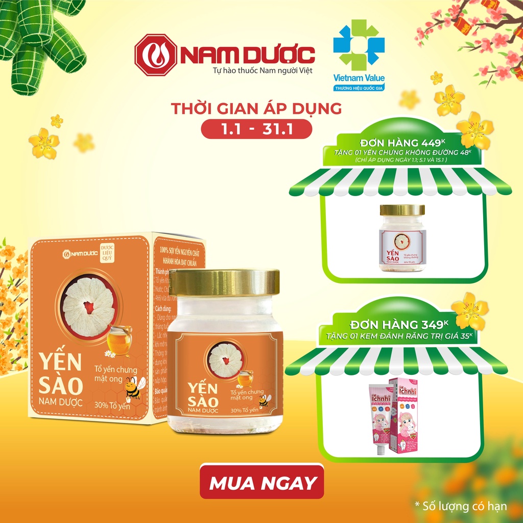 Yến sào Nam Dược tổ yến chưng mật ong giúp tăng sức đề kháng ,bổ phổi, tốt cho hệ tiêu hoá, hộp 1 lọ 70ml