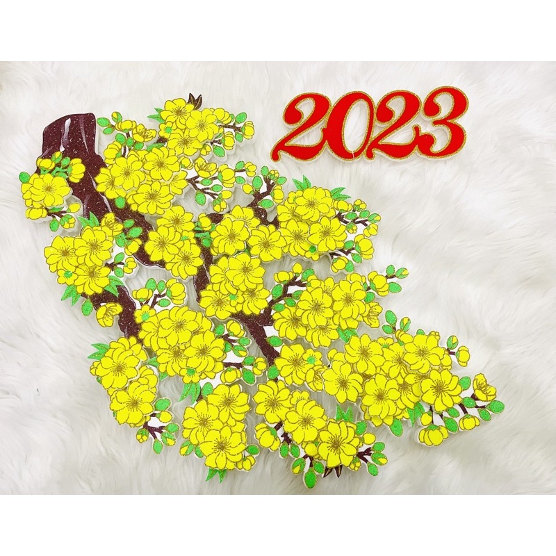 Hình dán chậu hoa mai hoa đào cành mai xốp nổi trang trí tết