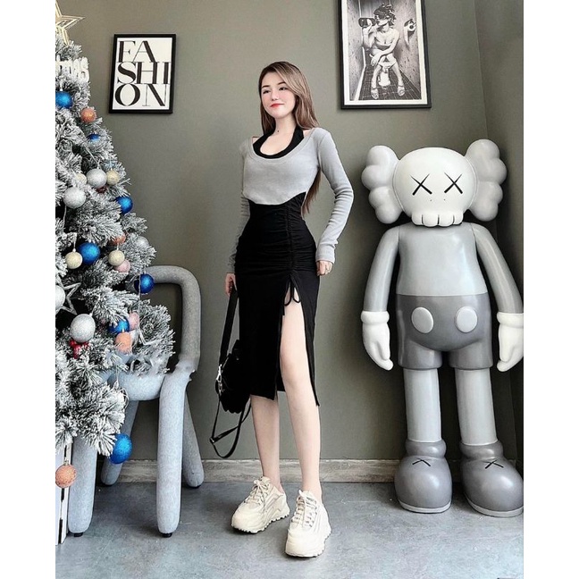 Bộ đầm rút dây kèm áo borip phong cách