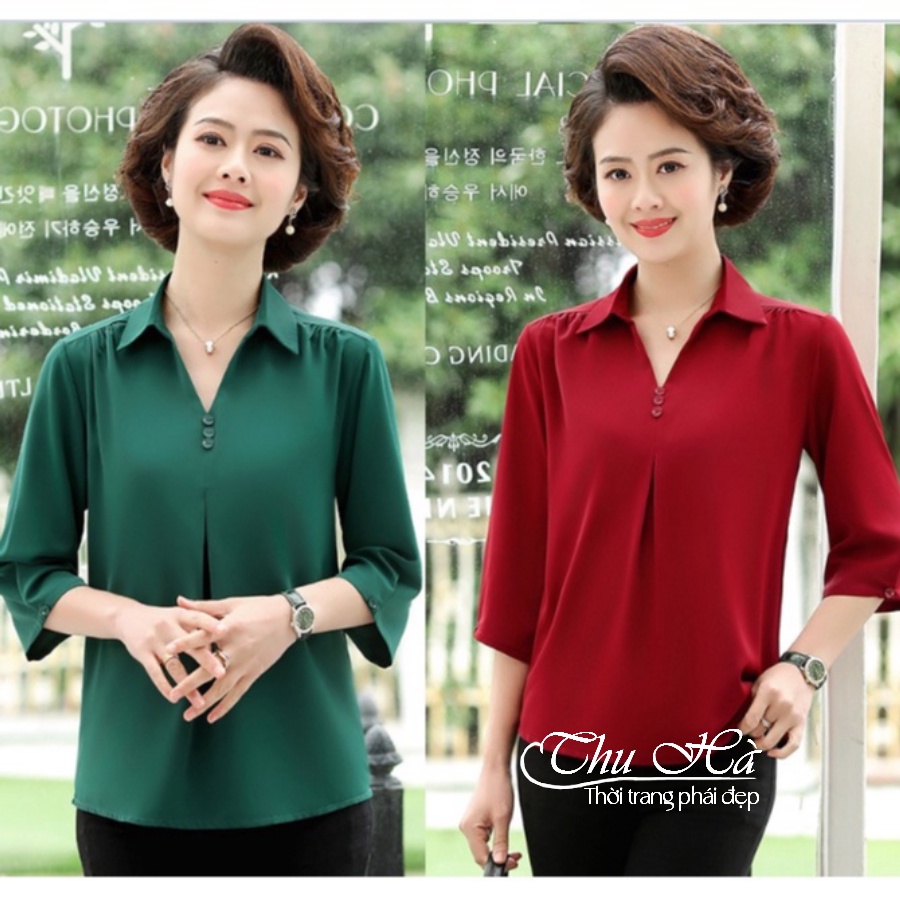 Áo sơ mi nữ trung niên chất liệu lụa cao cấp tặng mẹ form rộng tay lỡ có nút cách điệu Thu Hà SMH.59