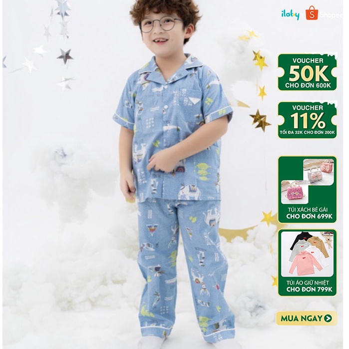 Set pyjama bé trai ILABY in họa tiết chất liệu thô kate thoáng mát cho bé 11 - 36kg [52IB11920622]