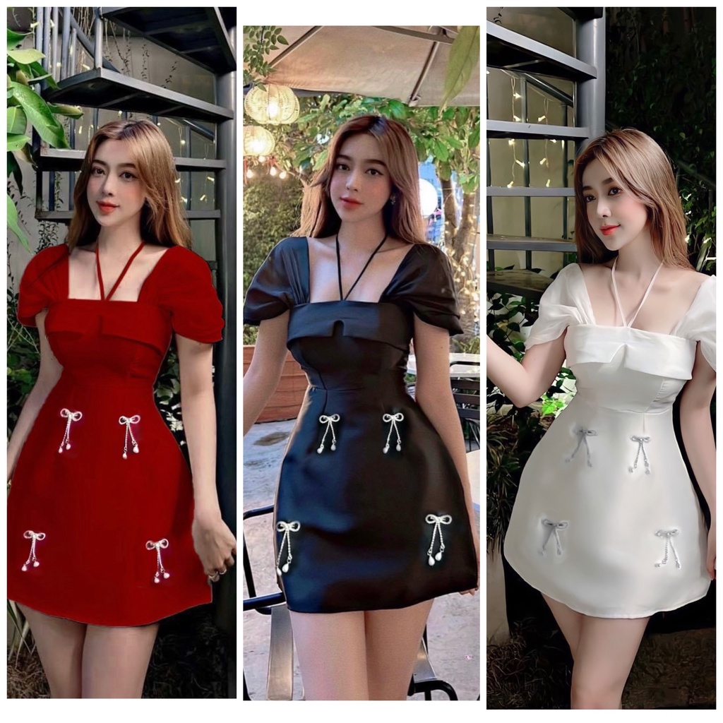 ĐẦM CỔ CHÉO TAY PHỒNG (về thêm dáng midi, loại đính nơ)
