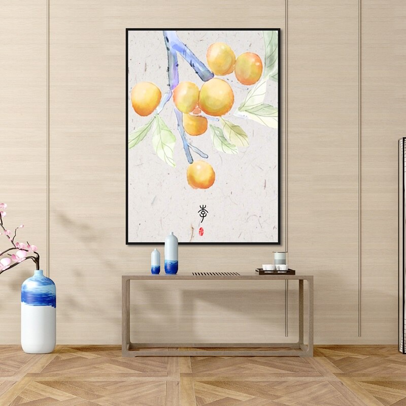 Tranh Vải Bạt Treo Tường Vẽ Tay Hình Quả Đào / Lựu Đạn Vẽ Màu Nước Kiểu Trung Hoa Tối Giản Trang Trí Phòng Khách