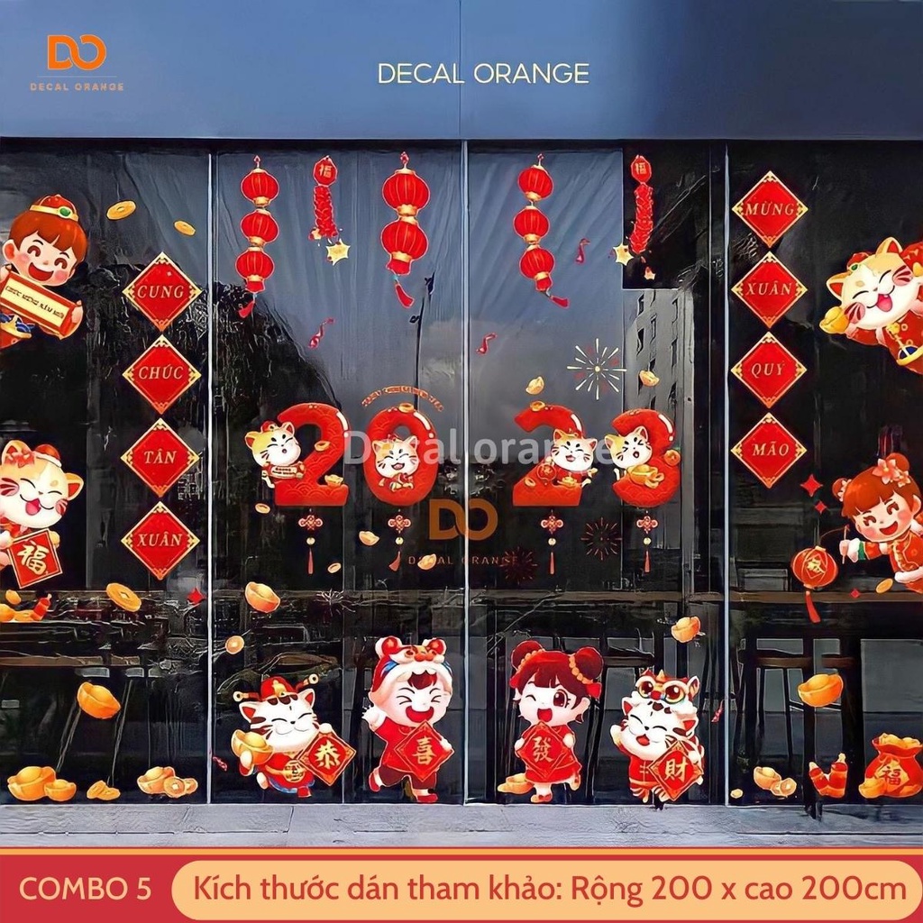 Decal trang trí tết 2023 dán cửa kính quý mão 2 mặt màu