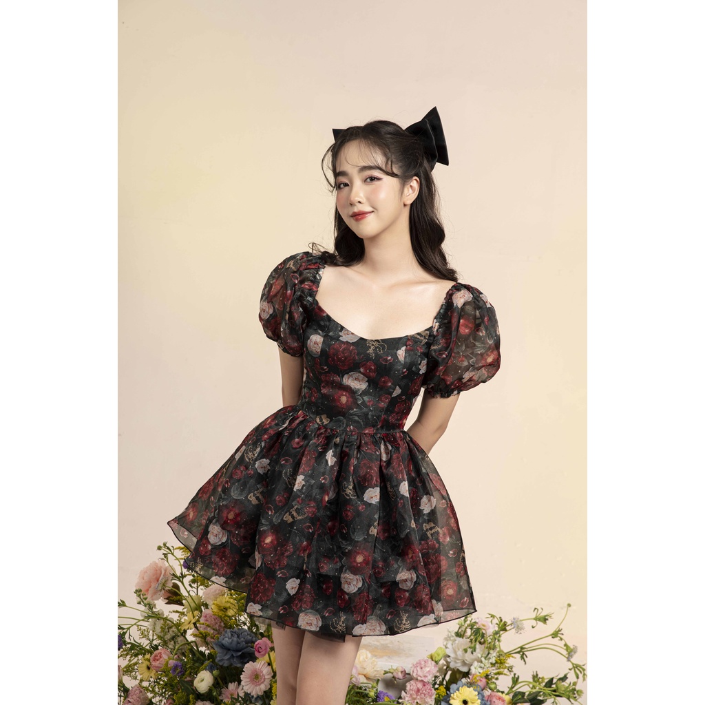 Váy ngắn tay bồng chát liệu organza in hoa The Peachy- Orianna Dress
