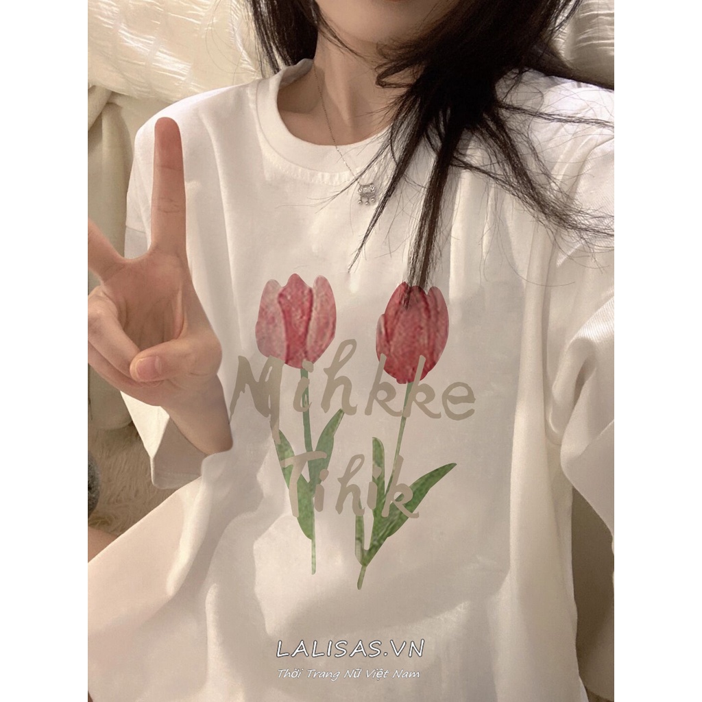 Áo Thun Tay Ngắn Dáng Rộng In Hình Hoa tulip Phong Cách Hàn Quốc