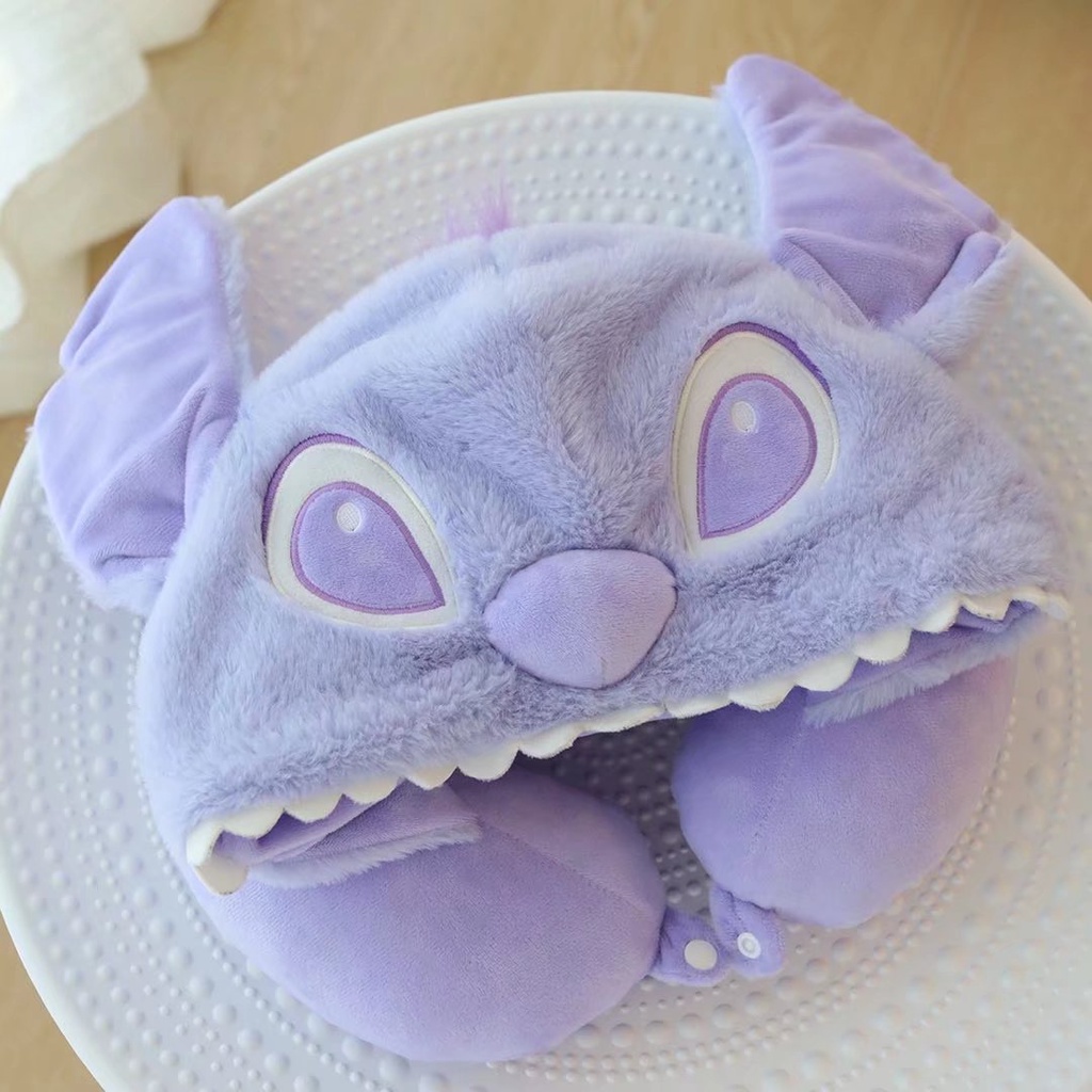 Gối Nhồi Bông Kê Cổ Hình Chữ U Có Mũ Trùm Đầu Hình Stitch Màu Tím Hoạt Hình Dễ Thương K0WO