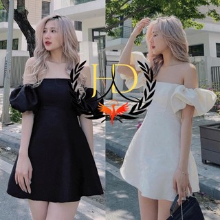 Váy trễ vai - Váy gấm trễ vai tay bồng họa tiết nổi, có khóa sau lưng siêu xinh shop_thoi_trang_hd