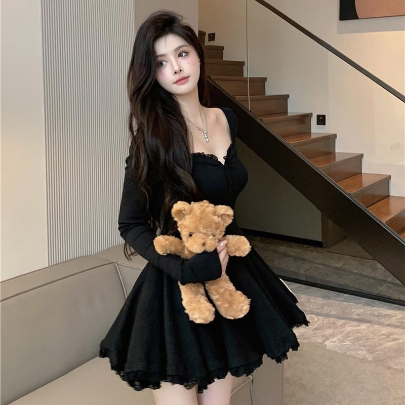 Aphrod Đầm Cổ Vuông Phối Ren Ôm Eo Cao Cấp Thời Trang Mùa Thu Phong Cách Quyến Rũ Dành Cho Nữ