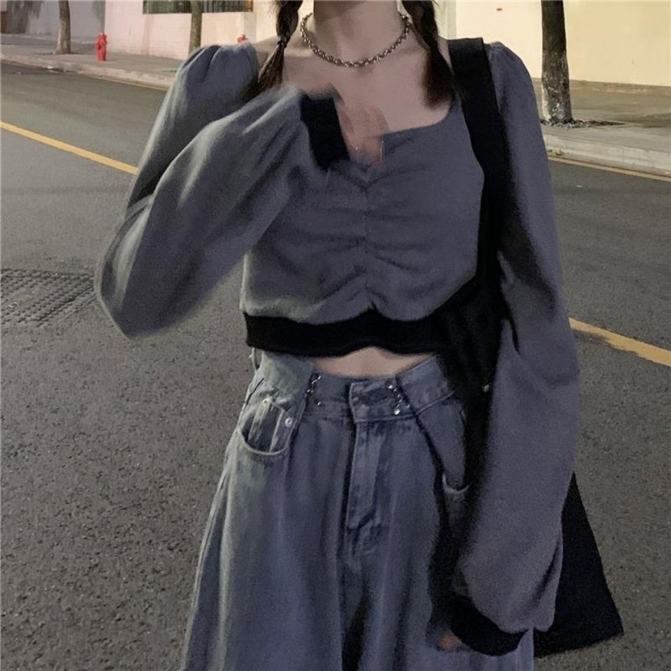 Áo Thun Ngắn Cổ Vuông Tay Dài Phong Cách Hàn Quốc Thời Trang Mùa Thu Mới 2022 Dành Cho Bạn Nữ