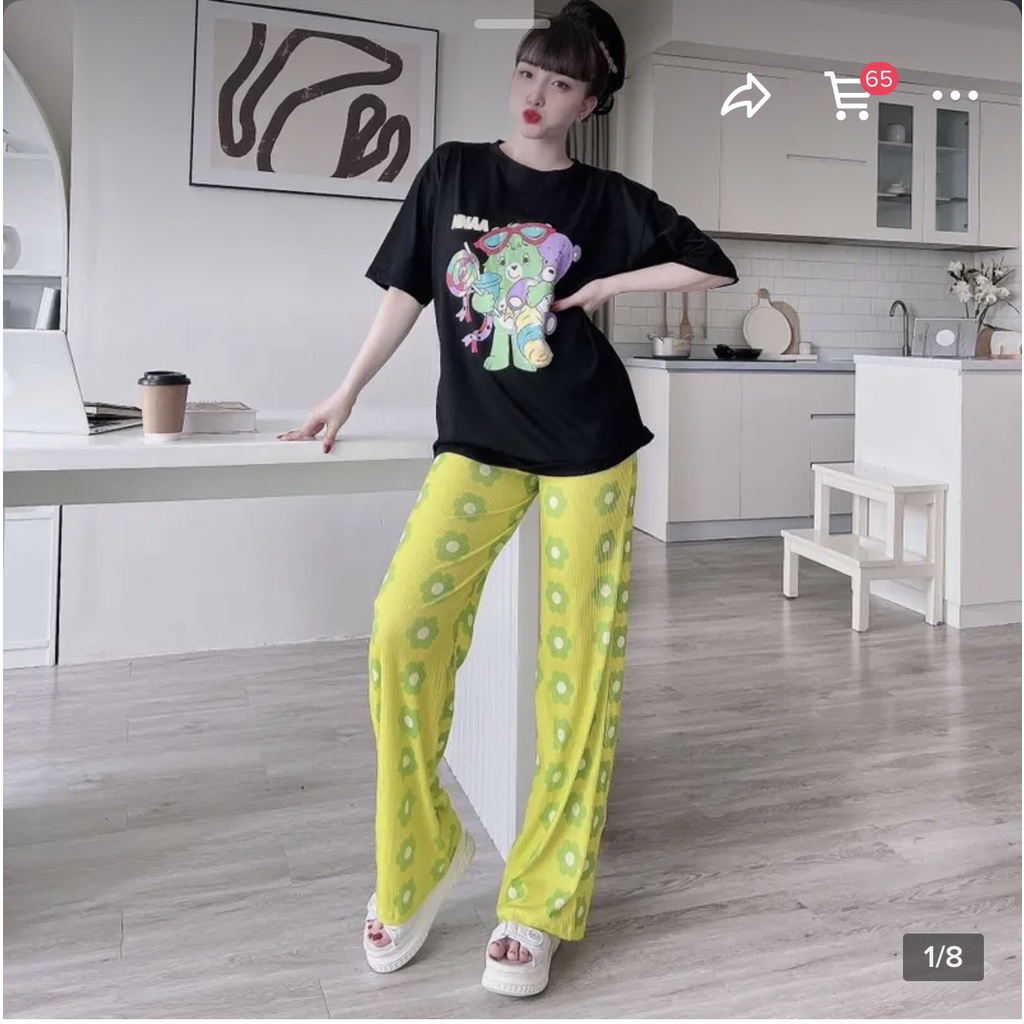 Đồ mặc nhà quần ống suông cạp cao ESHOP Đồ bộ nữ bigsize quần thun gân len tăm cotton form rộng co giãn đẹp DB168