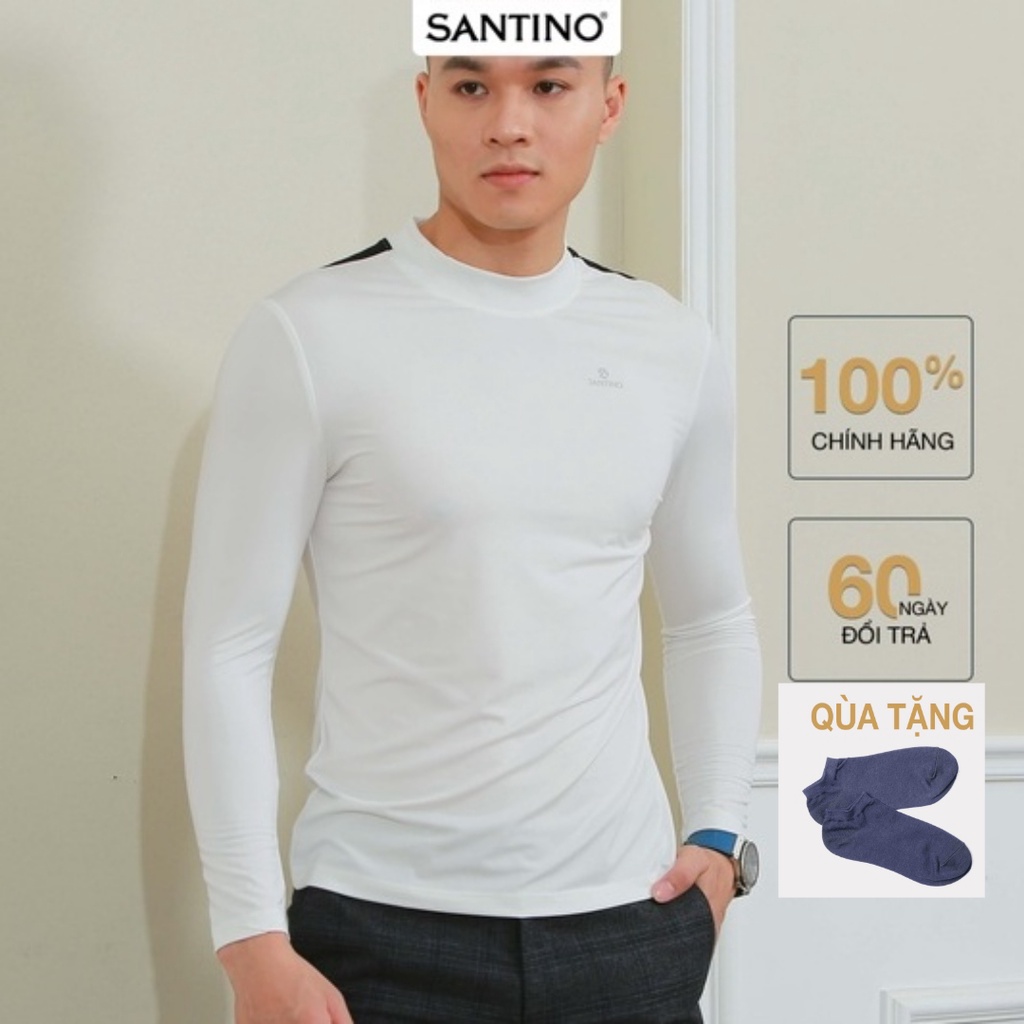 Áo Giữ Nhiệt Nam Dài Tay Cổ Tròn 3cm Phối Cầu Vai Santino Co Giãn Thoải Mái Mỏng Nhẹ Không Tích Điện P881