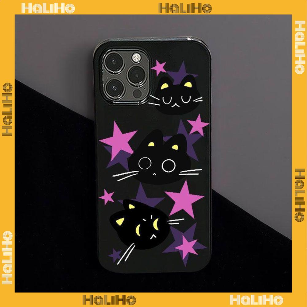 Case For iPhone 14 Pro Max Soft TPU Candy Case Stars and Cute Cat Glossy Black Back Cover Camera Protection Shockproof For iPhone 13 12 11 Pro Max 7 8 Plus X XR