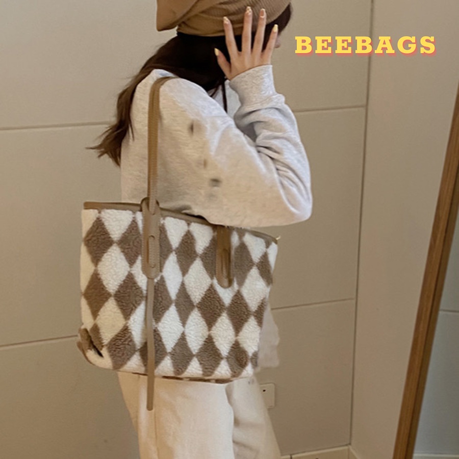 Túi Tote Lông Mềm Mịn Kẻ Sọc, Caro Có Khóa Kéo Đựng Laptop, Tài Liệu | LC17 | Túi Xách Lông Đi Chơi, Đi Làm Dễ Phối Đồ