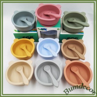 Bát ăn dặm Silicon kèm thìa có đế hít chân không chống lật hình gấu, Bát thìa ăn dặm cho bé silicon chống đổ bumdecor