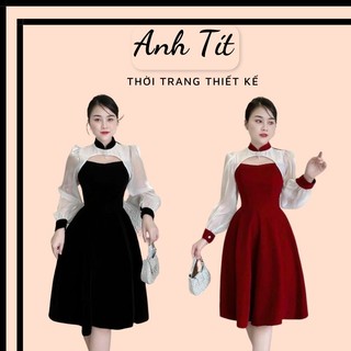 Đầm Nhung Thiết Kế Phối Tay Bồng Voan Đính Đá 2 Màu Dáng Dài Siêu Tôn Dáng ( Có Ảnh Thật) - Anh Tít Boutique