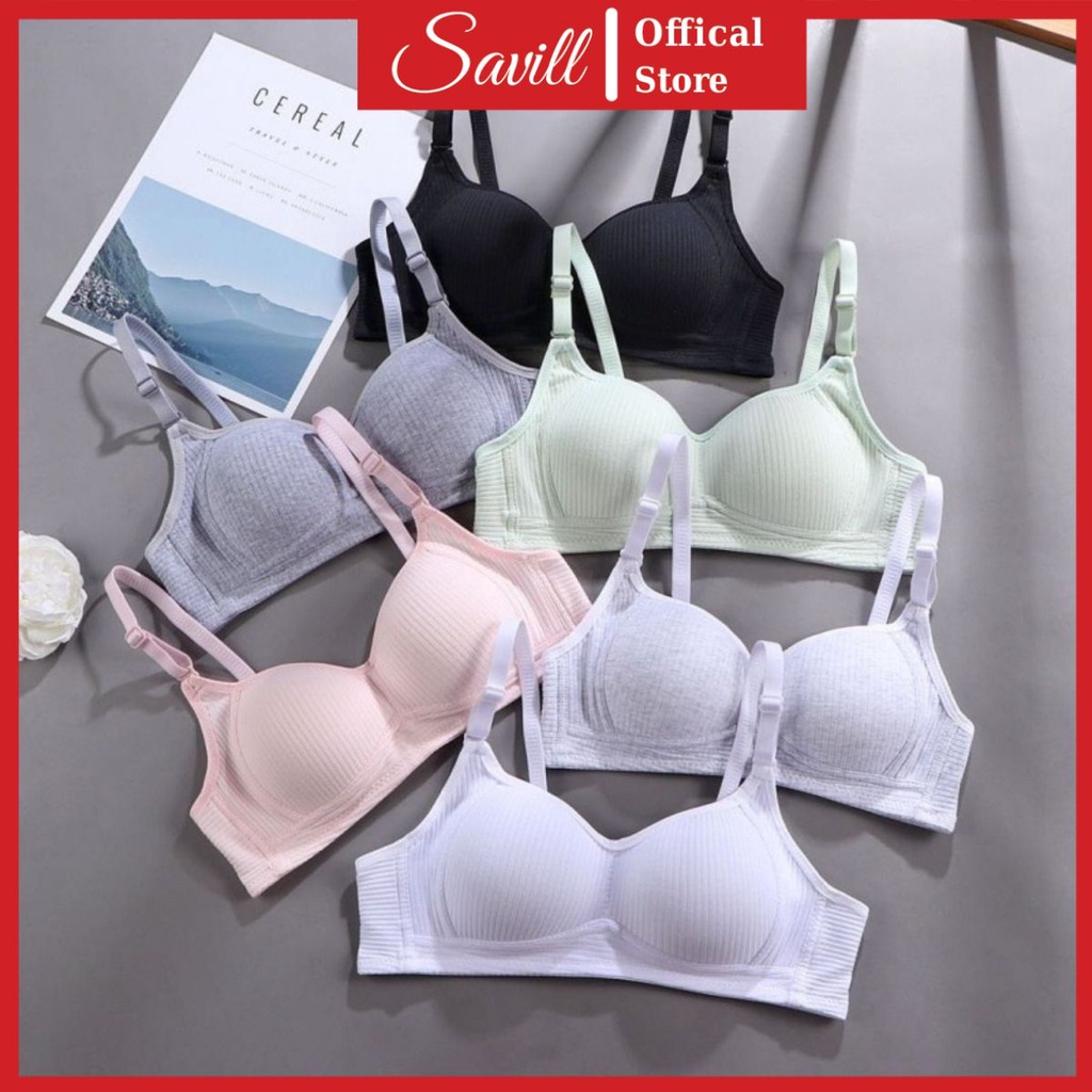 Áo Ngực Nữ Mút Mỏng Chất Cotton Kẻ Sọc, Áo Lót Không Gọng 3 Nấc Cài, Mặc Nhẹ Thoải Mái Savill A414