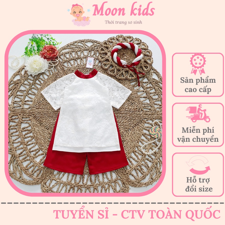Áo Dài Tết Cho Bé Gái MOONKIDS. Áo Dài Cách Tân Bé Gái Kèm Mấn, Váy Tết Cho Bé Thiết Kế Cao Cấp