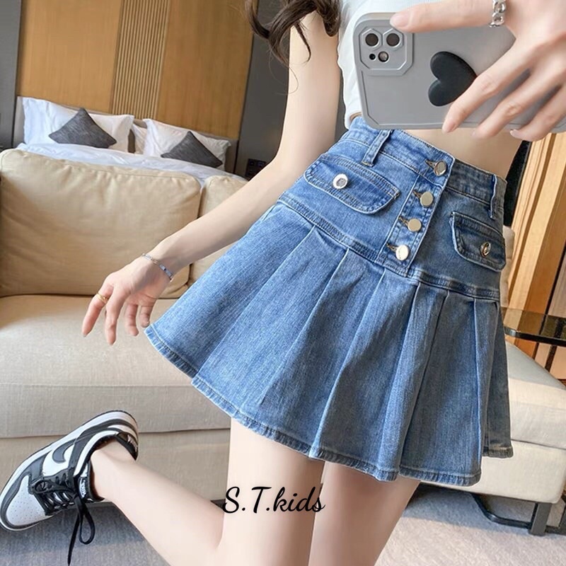 Chân váy jean xếp ly cạp cao bé gái size đại 15-30kg