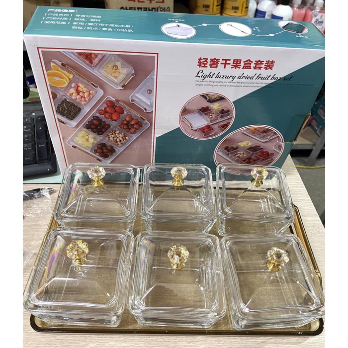 Khay mứt Thủy tinh 6 hộp kèm khay cao cấp