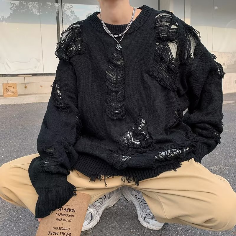 Áo sweater Cổ Tròn Thiết Kế Xẻ Rách Phong Cách retro Mỹ Cho Nam