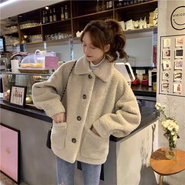 Áo khoác lông cừu nữ ulzzang quảng châu form rộng phong cách Hàn quốc.