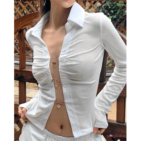 Áo Sơ Mi Dài Tay Cổ Bẻ Một Hàng Nút Màu Trơn OKDK-y2k Cho Nữ