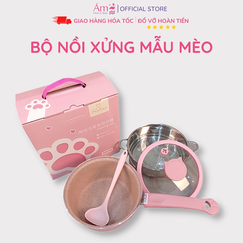 Bộ Nồi Xửng Hấp Hình Mèo Ăn Dặm Ấm Baby An Toàn Tiện Lợi Cho Bé Ấm Gift Decor