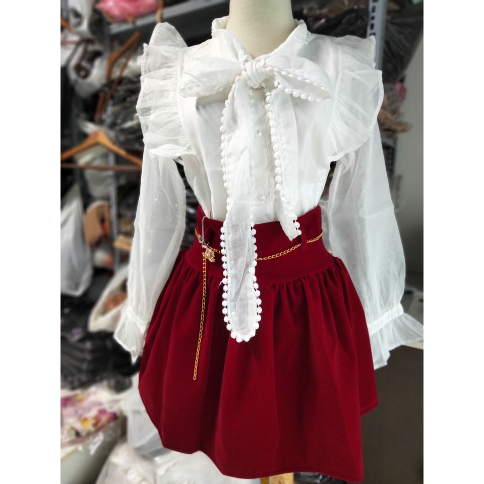 Sét chân váy nhung khóa kéo phía sau có quần trong + áo sơ mi voan 2 lớp phối nơ hàng cao cấp hình và clip chính chủ