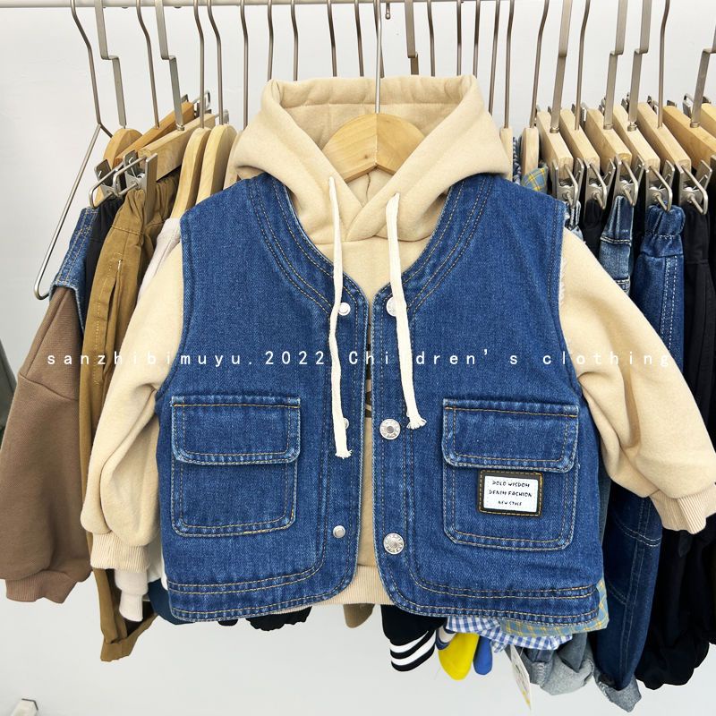 Áo Khoác Denim Không Tay Lót Nhung Dày Dặn Thời Trang Thu Đông 2022 Cho Bé