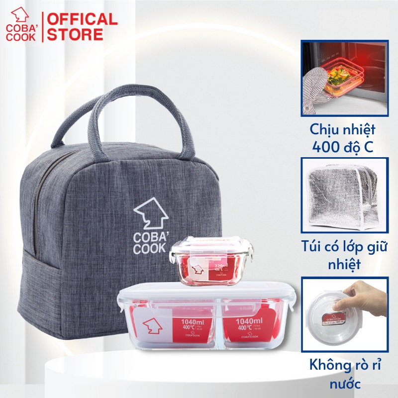 Bộ Hộp Cơm Chia 3 Ngăn Và Hộp 320ml Hộp Thủy Tinh Chịu Nhiệt Kèm Túi Giữ Nhiệt COBACOOK -CCL1NS32BB