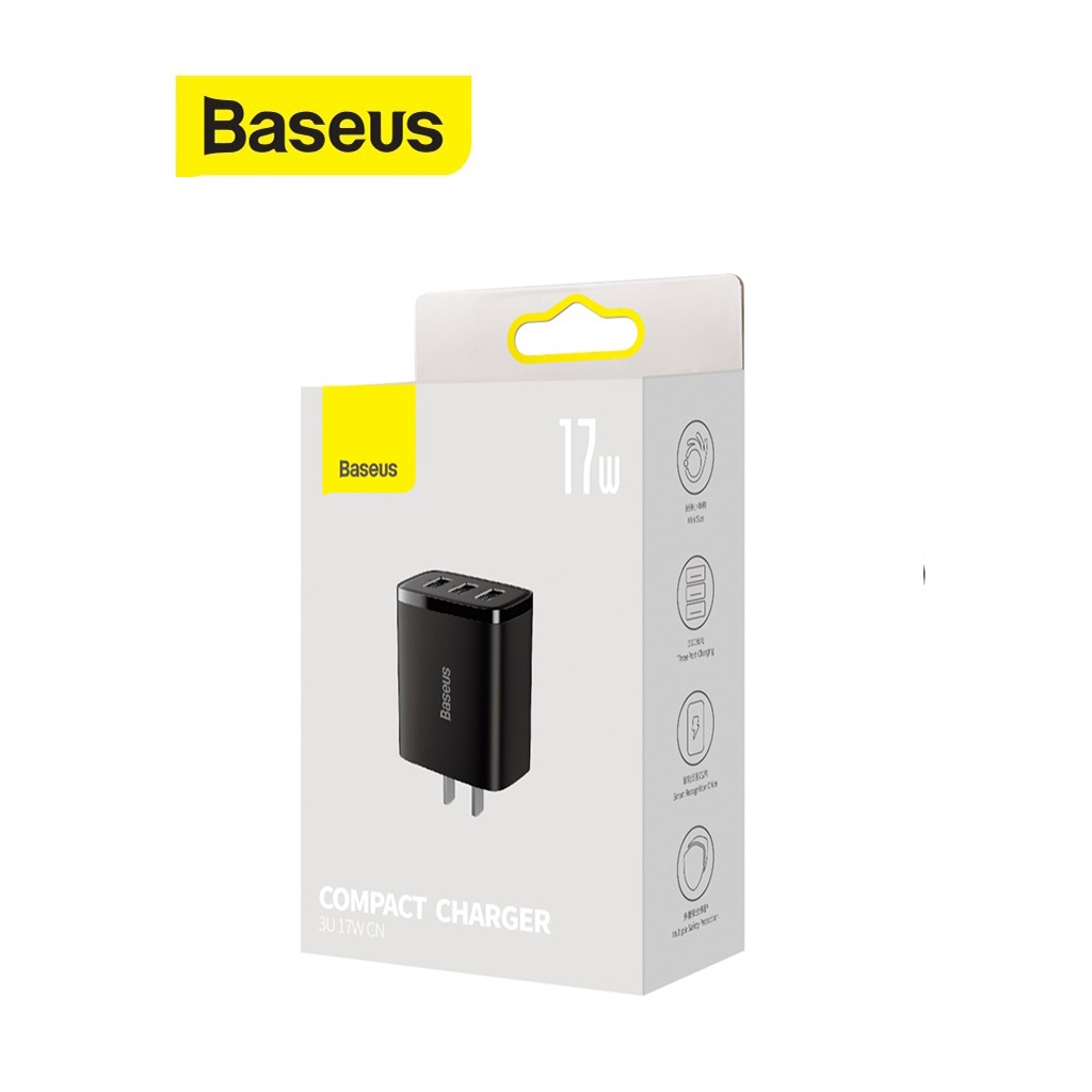 Cốc sạc Baseus Compact Charger sạc nhanh 17W chân cắm dẹt 3 cổng USB ( Đen )
