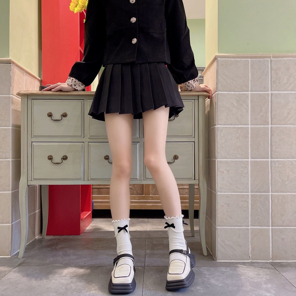 Tất vớ nữ phối hạt và nơ phong cách lolita hai màu trắng đen, FH016, phụ kiện Forher.since1998