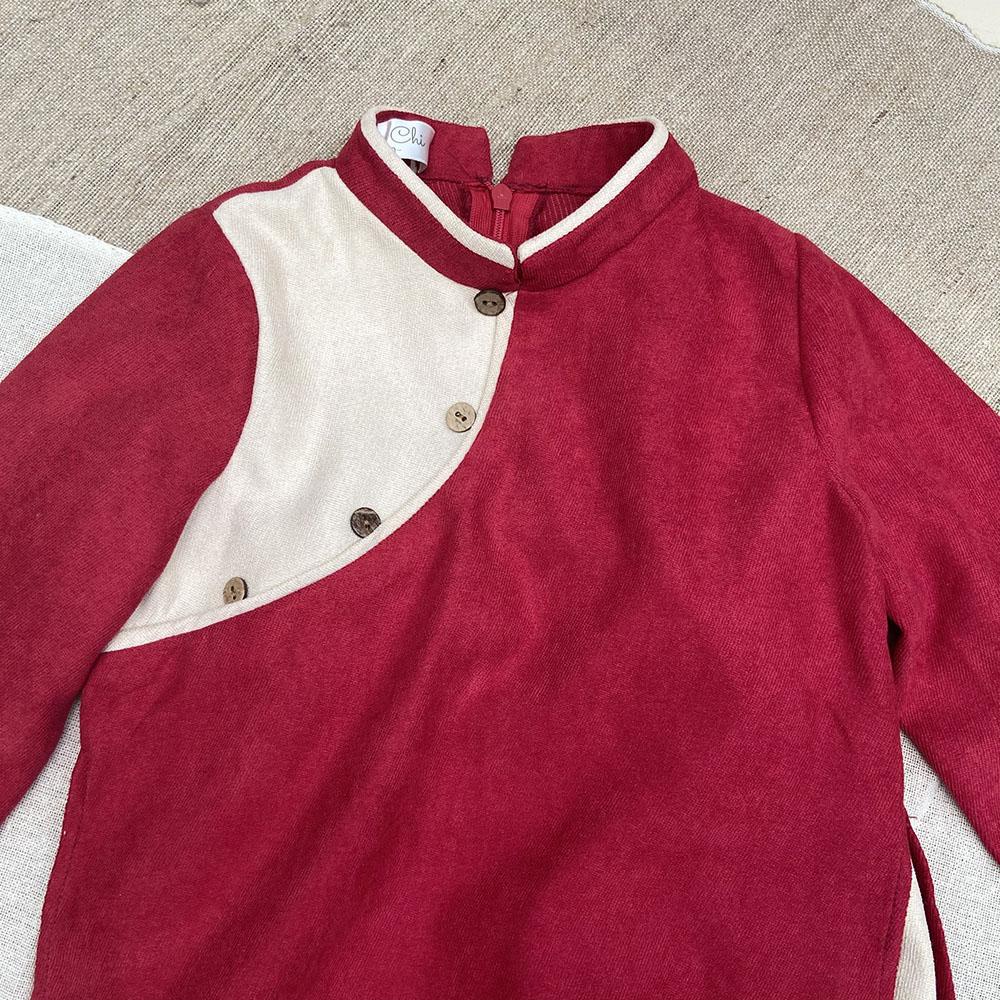 Áo dài bé trai nhung mịn phối nút kèm quần nhung baggy MamLa