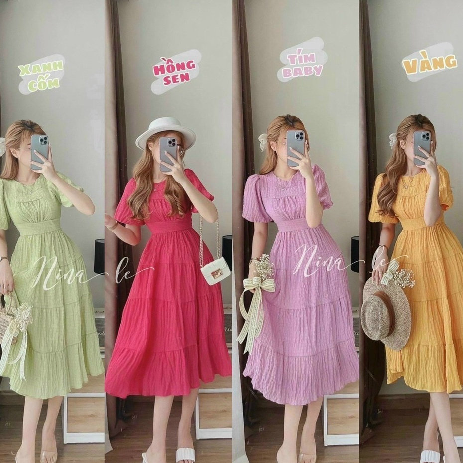 Đầm thời trang nữ sang chảnh đi tiệc chất xốp chỉ cổ tròn tay ngắn phồng váy đầm xòe dài maxi phong cách trẻ trung