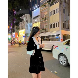 ĐẦM NHUNG ĐEN PHỐI TAFTA KHUY NƠ
