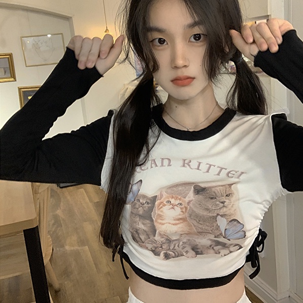 Áo thun SUXI tay dài dáng ôm họa tiết mèo phối dây rút thời trang mùa thu dành cho nữ