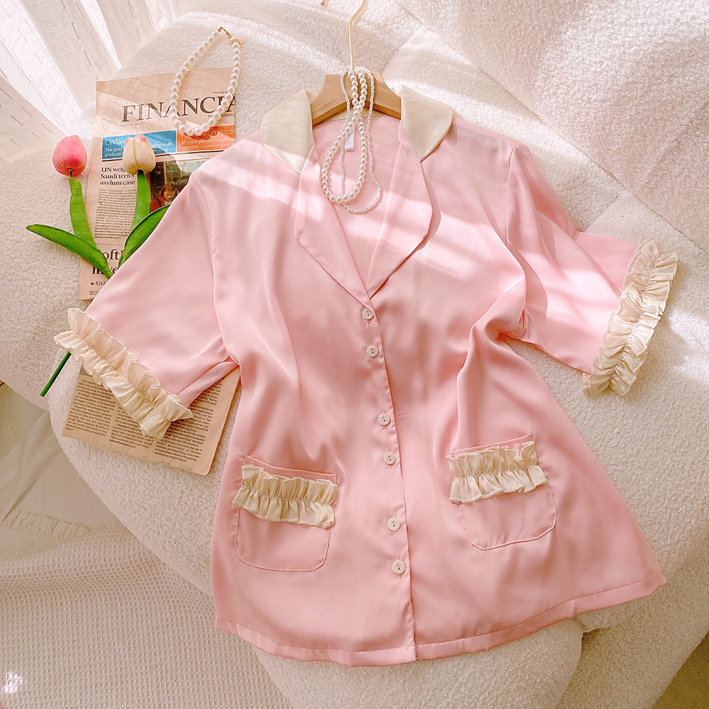 Bộ Đồ Ngủ Pyjama MAISLEEPWEAR Lụa Mặc Nhà Áo Tay Ngắn Quần Dài Trơn Phối Bèo Trẻ Trung Cao Cấp MS1110