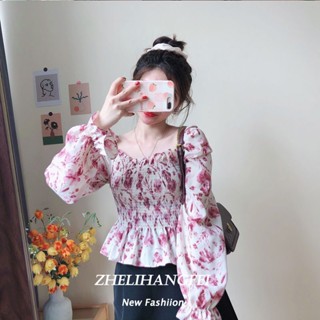  Áo sơ mi hoa ZHELIHANGFEI tay dài ôm eo gợi cảm xinh xắn 