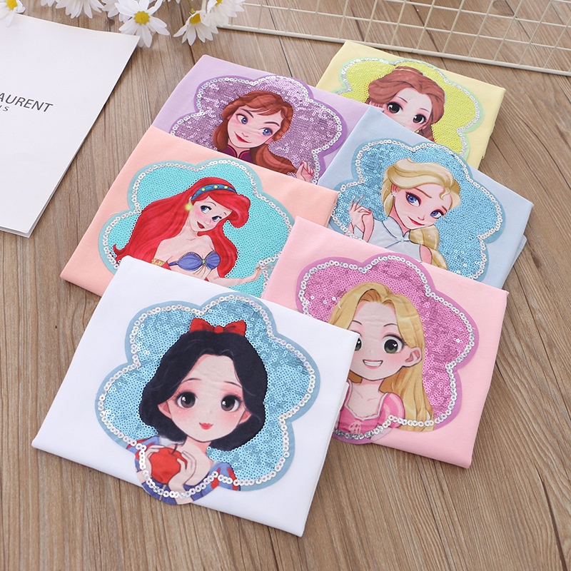 Áo Thun Tay Ngắn In Hình Công Chúa Elsa Đính Kim Sa Thời Trang Cho Bé Gái Từ 1-8 Tuổi