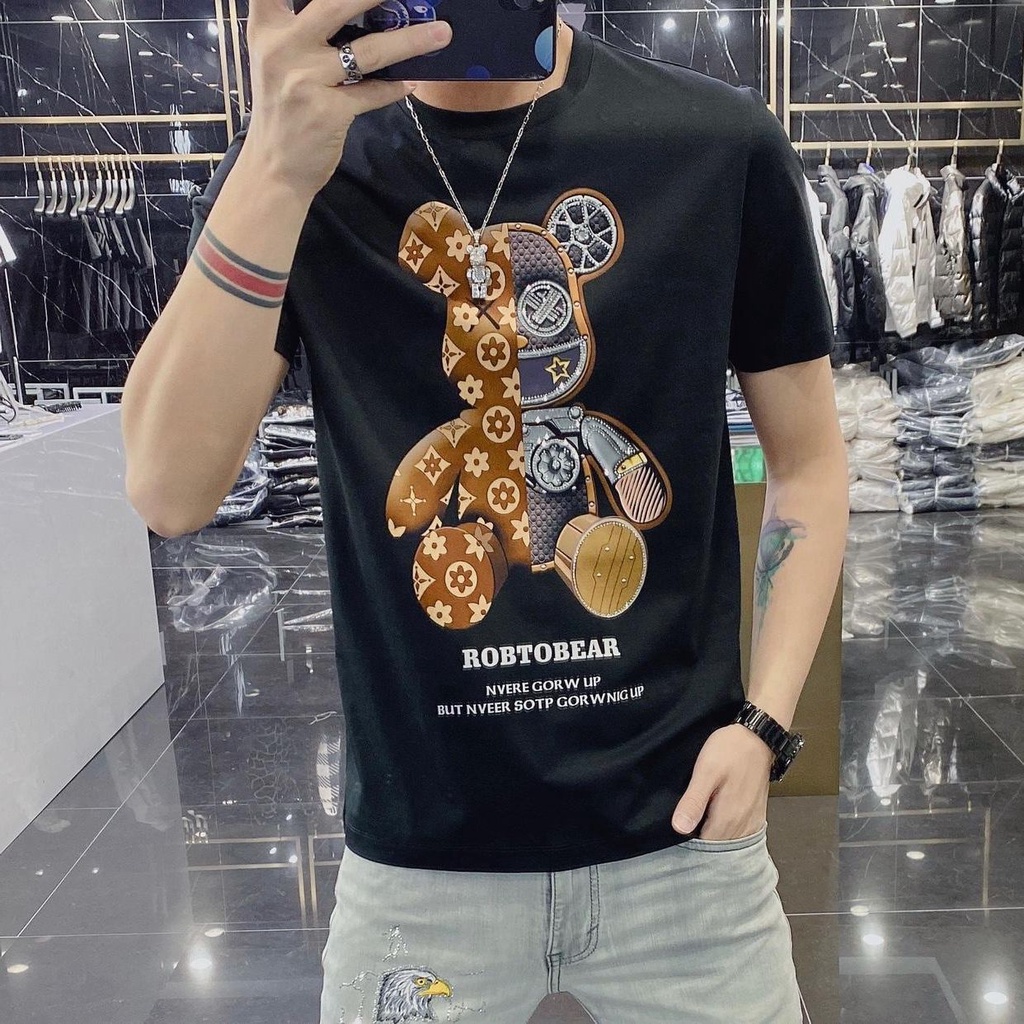 Áo Tay Ngắn Nam V Hoa Nửa Cơ Gấu In Hình Thoáng Khí Cotton Đáy Áo Bé Trai Top