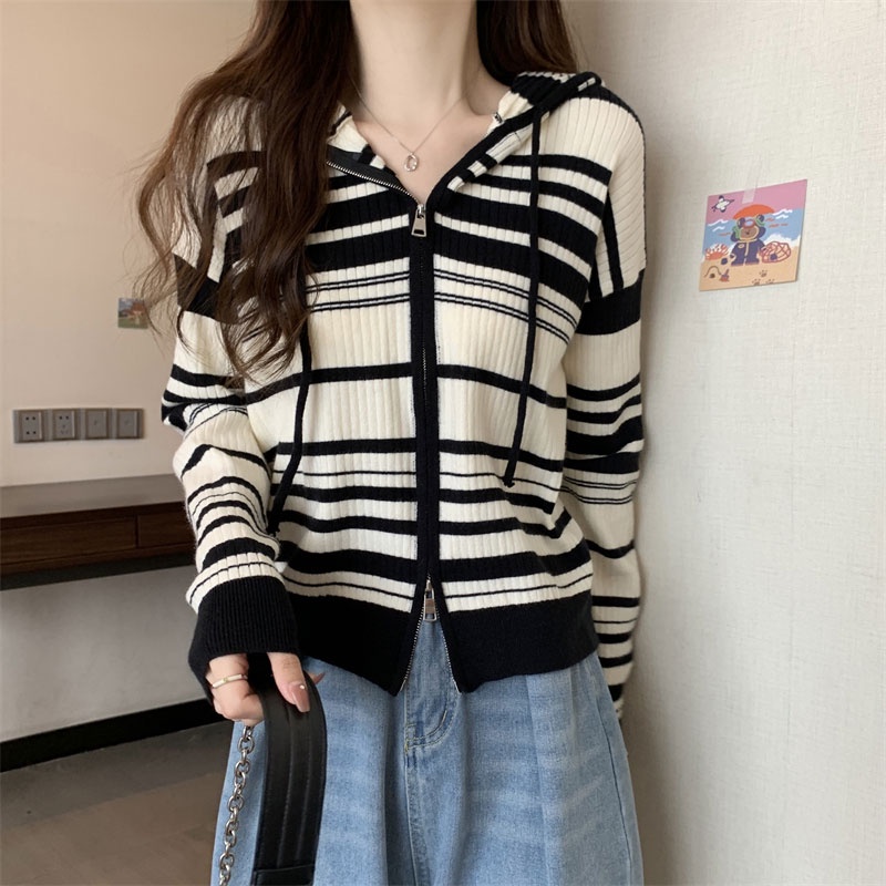 Áo Hoodie Dệt Kim Tay Dài Kẻ Sọc Thời Trang Hàn Quốc Cho Nữ