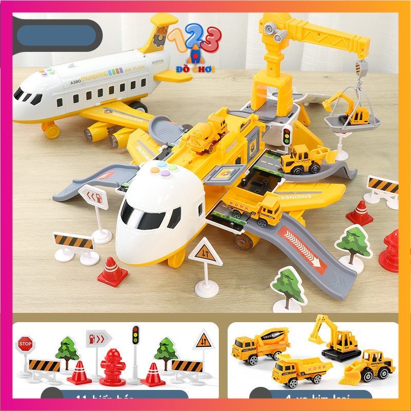 Tuyển tập bộ đồ chơi máy bay chở đồ kèm 4 xe bằng kim loại, có giàn cẩu, thang trượt, biển báo giao thông