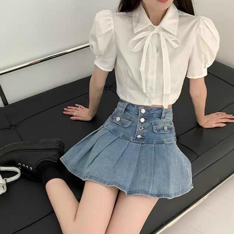 Chân váy jean xòe midi đính hàng nút CÓ LÓT TRong xinh lắm nha lyie