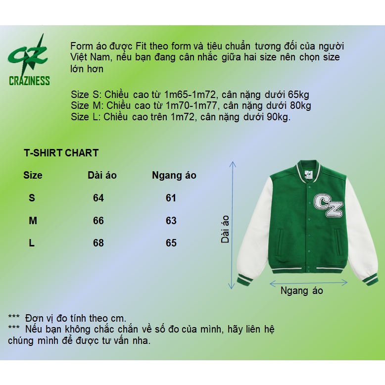 ÁO KHOÁC NAM NỮ UNISEX 2 LỚP - CRAZINESS CZ VARSITY/ MÀU XANH/ GREEN